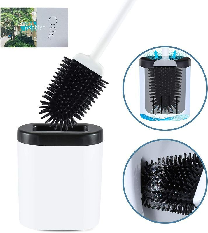 Photo 1 of 2pcs silicone Elastic toilet brush and holder, Mounted bathroom toilet scrubber bowl cleaner brush brushes, Deep-Cleaning Quick Drying Bendable Brush Head Non-Slip Long Plastic Handle(white+blue)