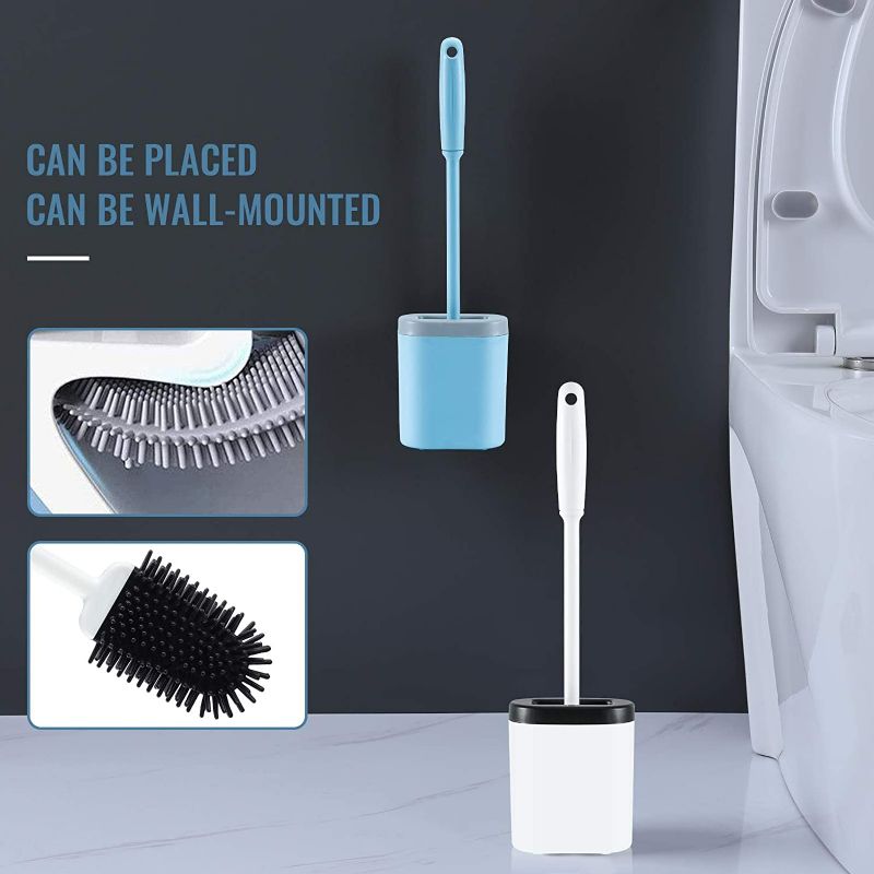 Photo 1 of 2pcs silicone Elastic toilet brush and holder, Mounted bathroom toilet scrubber bowl cleaner brush brushes, Deep-Cleaning Quick Drying Bendable Brush Head Non-Slip Long Plastic Handle(white+blue)