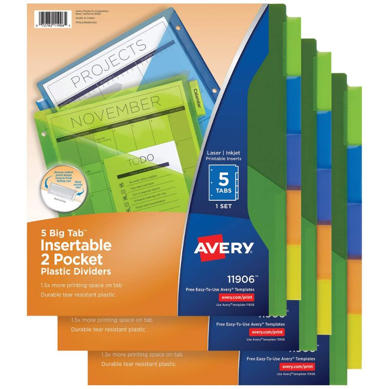 Photo 1 of (3 Sets (11906) 5 Tab 3-pack) Avery 5-Tab Plastic Binder Dividers with Pockets, Insertable Multicolor Big Tabs