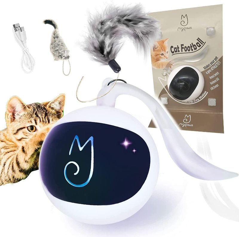 Photo 1 of Migipaws Cat Toys, Automatic Moving Ball Bundle Classic Mice + Feather Kitten Toys in Pack. DIY N in 1 Pets Smart Electric Teaser, USB Rechargeable (White)
