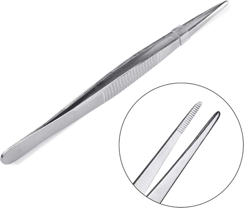 Photo 3 of 7.1 inches Stainless Steel Tweezers All-purpose Forceps Professional Tweezers Tongs and Comfortable Ridged Handle Feeding Straight Tweezer