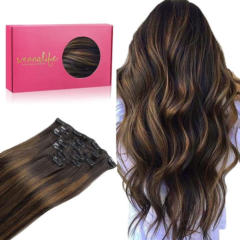 Photo 1 of WENNALIFE Clip in Human Hair Extensions, 24 Inch 120g 7pcs Dark Brown to Chestnut Brown Balayage Hair Extensions Clip In Human Hair Remy Clip in Hair Extensions Real Human Hair Double Weft