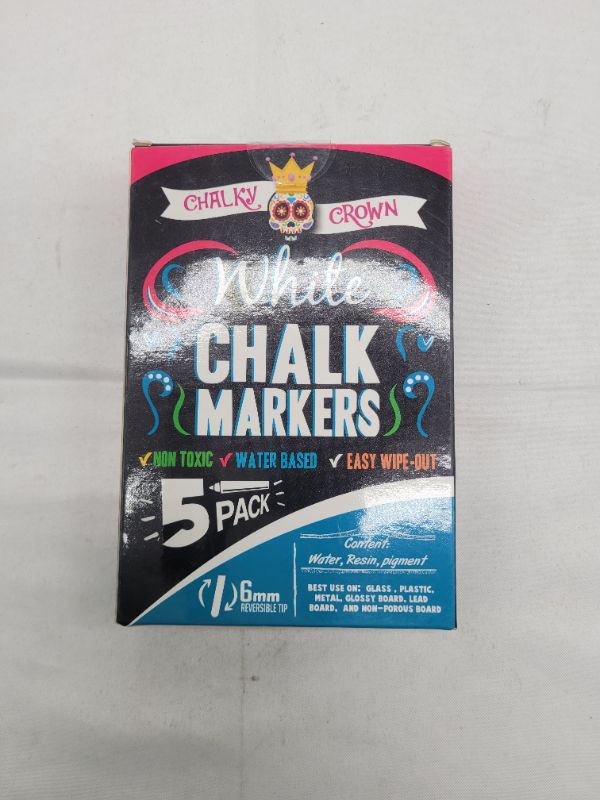Photo 2 of Liquid Chalk Marker Pen - White Drawing Chalk - Chalk Markers for Chalkboard Signs, Windows, Blackboard, Glass - 6mm Reversible Tip (5 Pack) - 24 Chalkboard Labels Included White 5 Pack