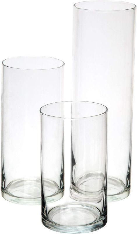 Photo 1 of Royal Imports Glass Cylinder Flower Centerpiece Vases Set of 3 - Hurricane Candle Holder for Pillar, Floating, Tealights - Use for Floral, Wedding Table, Home Decor, Party, Holiday