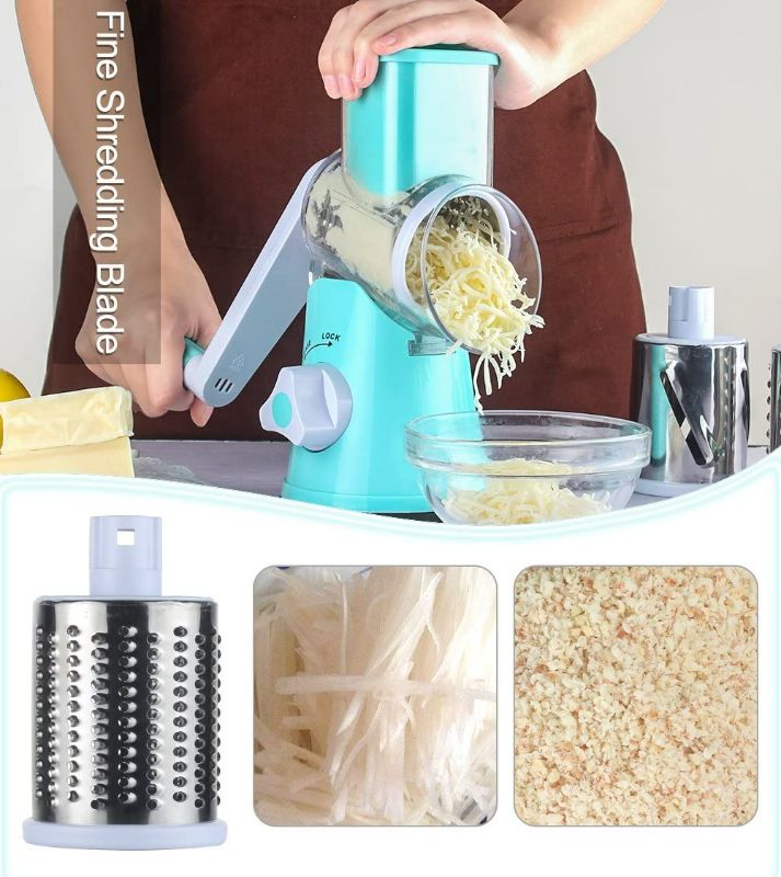Photo 2 of Ourokhome Rotary Cheese Grater Shredder, Speed Kitchen Manual Round Mandolin Slicer Grinder for Potato Hash Brown, Vegetable, Walnut, Nut, Carrot Garlic, Chocolate, Radish with 3 Drum Blades, Blue