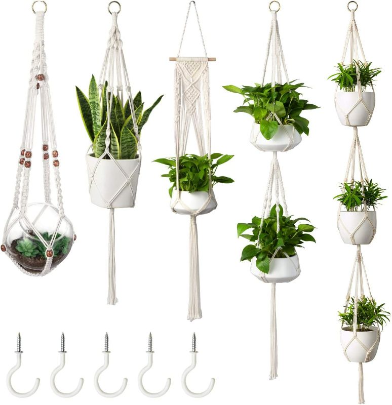 Photo 1 of MoonLa 5-Pack Macrame Plant Hangers with 5 Hooks, Indoor Outdoor Hanging Planters Set Hanging Plant Holder Stand Flower Pots Boho Home Decor(Cotton Rope, 4 Legs, 5 Sizes)