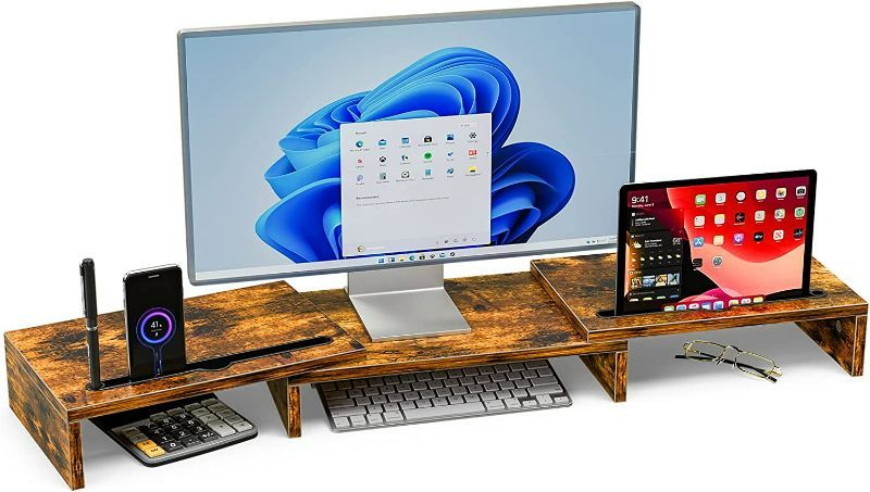 Photo 1 of XBurmo Monitor Stand Riser, Dual Monitor Stand with Slots for TV/PC/Laptop, Wood Computer Monitor Stand with Adjustable Length and Angle, Rustic Brown