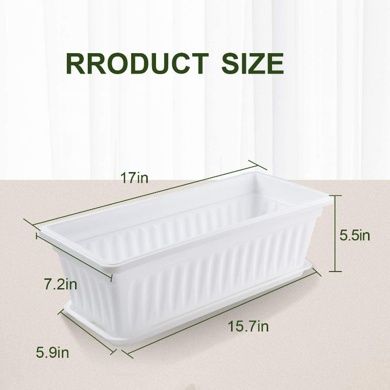 Photo 2 of Abrru 4 Pack Flower Window Box Plastic Rectangular Window Planters with 20 Plant Labels and Trays Vegetables Growing Container Garden Flower Plant Pot for Balcony, Windowsill, Patio, Garden, White