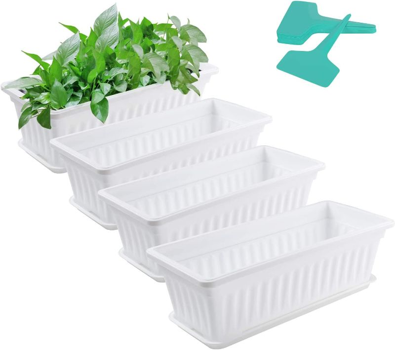 Photo 1 of Abrru 4 Pack Flower Window Box Plastic Rectangular Window Planters with 20 Plant Labels and Trays Vegetables Growing Container Garden Flower Plant Pot for Balcony, Windowsill, Patio, Garden, White