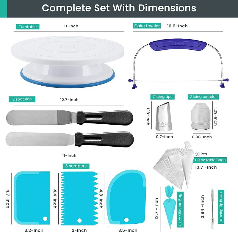 Photo 2 of 65PCs Cake Decorating Kit Baking Supplies Tools with Non-Slip Cake Turntable-Cake leveler- 24 Numbered Icing Piping Tips, Pattern Chart & EBook- Straight & Angled Spatula-30 Piping Bags- 3 Scraper Set
