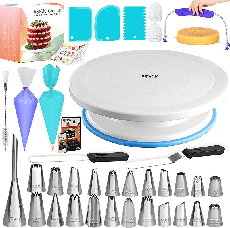 Photo 1 of 65PCs Cake Decorating Kit Baking Supplies Tools with Non-Slip Cake Turntable-Cake leveler- 24 Numbered Icing Piping Tips, Pattern Chart & EBook- Straight & Angled Spatula-30 Piping Bags- 3 Scraper Set
