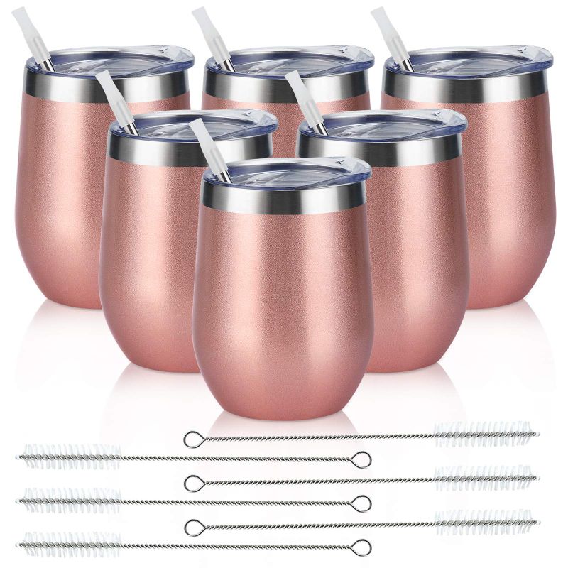 Photo 1 of 6 Pack Stainless Steel Wine Tumblers, 12Oz Insulated Wine Tumbler, Double Wall Insulated Wine Glass, Stainless Steel Stemless Wine Cups with Lids for Coffee, Wine, Cocktails, Champaign, Rose Gold… Rose Gold 6