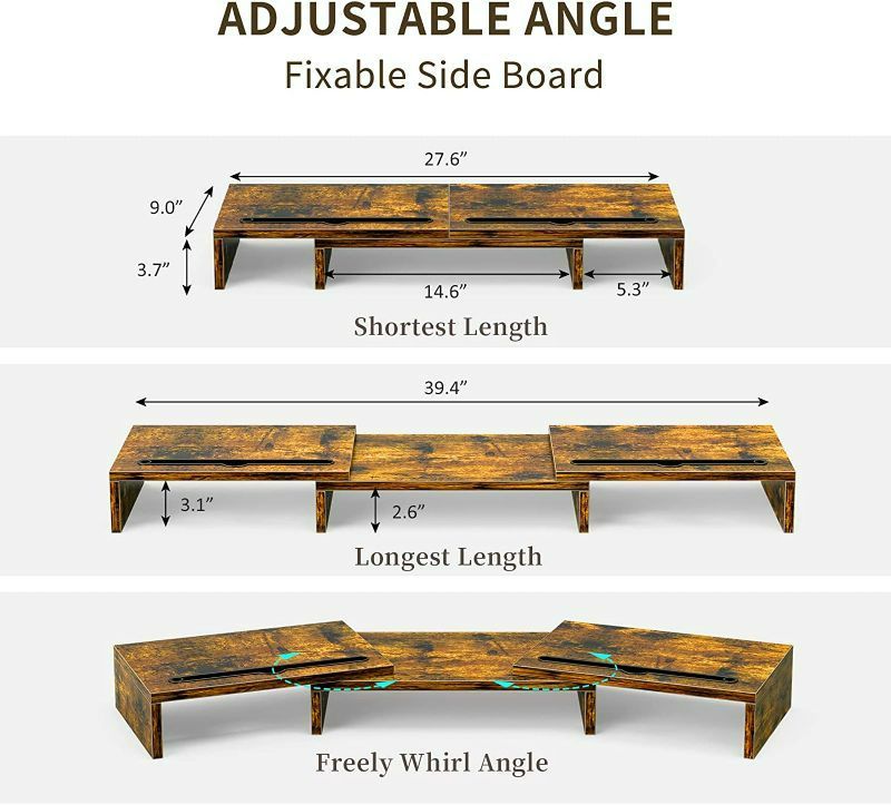 Photo 3 of XBurmo Monitor Stand Riser, Dual Monitor Stand with Slots for TV/PC/Laptop, Wood Computer Monitor Stand with Adjustable Length and Angle, Rustic Brown