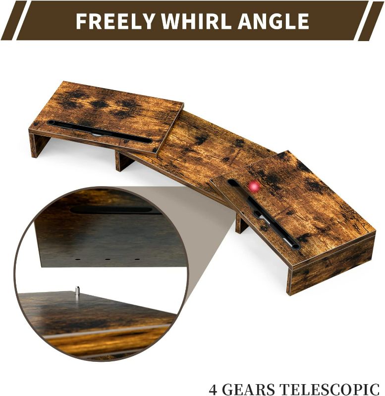 Photo 1 of XBurmo Monitor Stand Riser, Dual Monitor Stand with Slots for TV/PC/Laptop, Wood Computer Monitor Stand with Adjustable Length and Angle, Rustic Brown