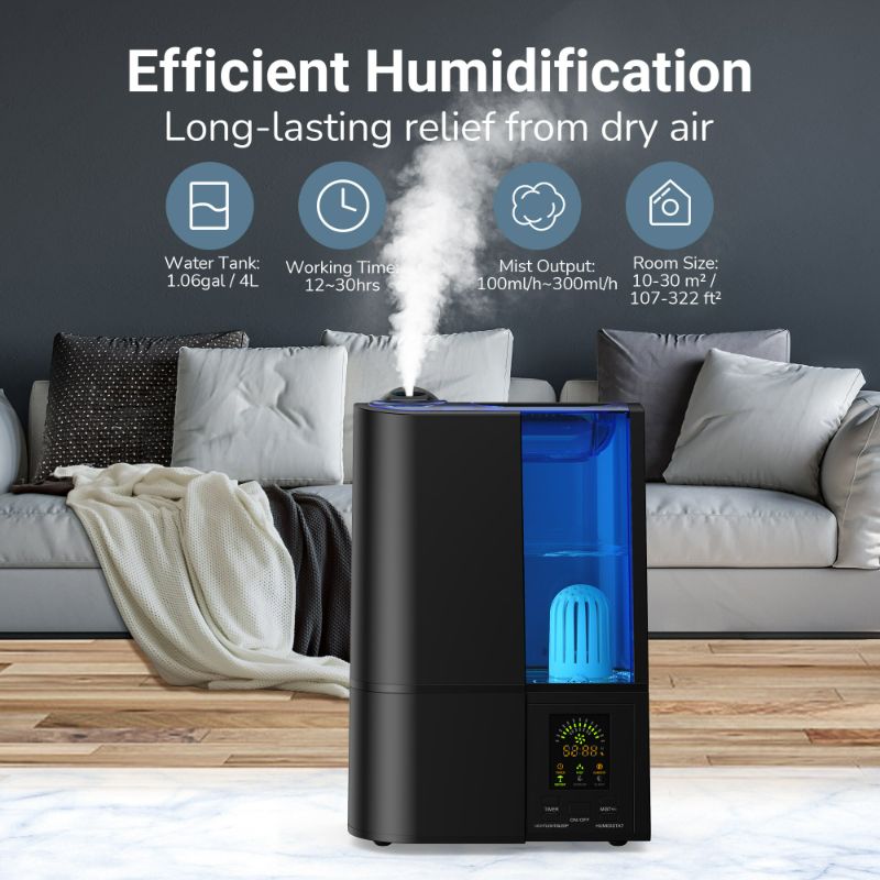 Photo 2 of Taotronics Humidifiers, 4L Cool Mist Ultrasonic Humidifier for Bedroom Home Large Room, LED Display With Humidistat, Waterless Auto Shut-Off Blue (1.06 Gallon, US 110V), Black