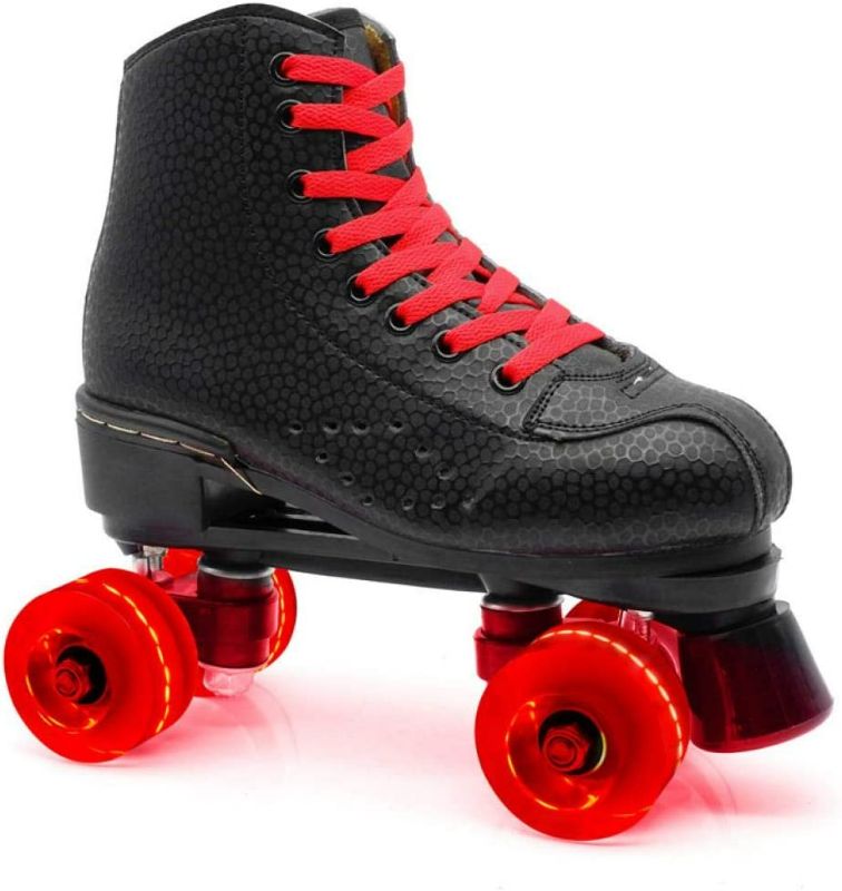 Photo 1 of Roller Skates PU Leather High-top Roller Skates Four-Wheel Roller Skates Double Row Shiny Roller Skates Adult Roller Skates Outdoor Roller Skates Roller Skate Roller Skate Women Men for Unisex (black red non-flashing wheel, 38)