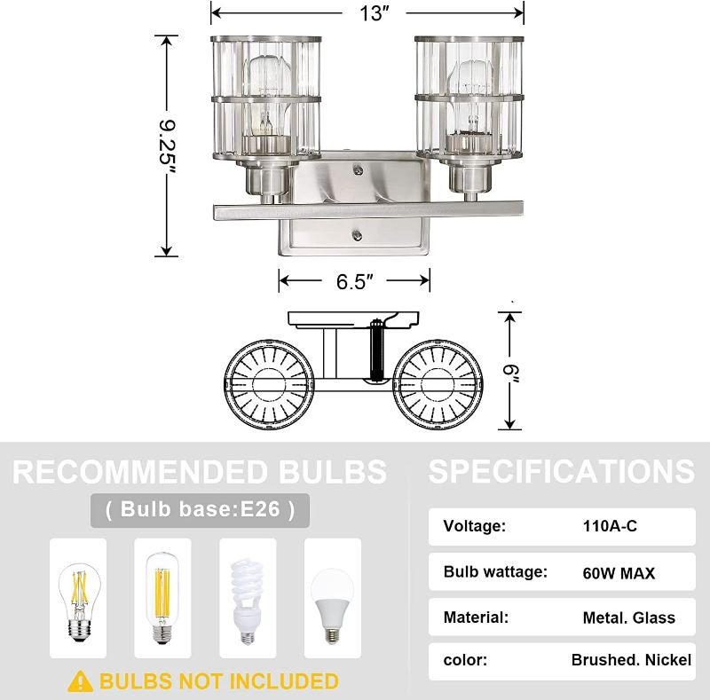 Photo 2 of 2 Light Wall Sconce with Brushed Nickel Finish Clear Glass Cage Shade, Wall Mounted Modern Wall Sconces Lighting Bathroom Vanity Lights Hallway Bedroom Light Fixtures(UL Certification)