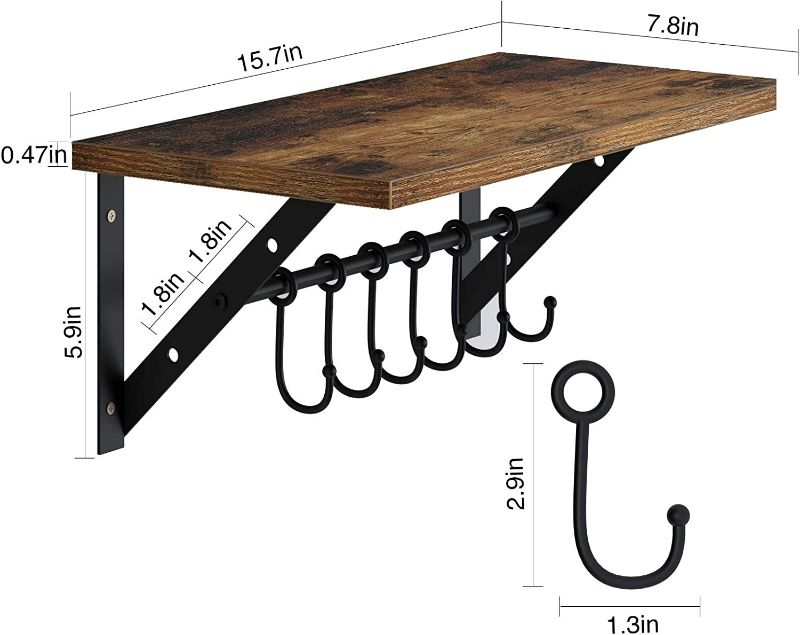 Photo 2 of GREENSTELL Floating Shelves Wall Mounted Set of 2, Wall Shelves with 2 Towel Holders & 12 Hooks, Multifunctional Storage Shelf Rustic Wood Decoration Shelves for Bathroom, Living Room (Brown 15.75in)