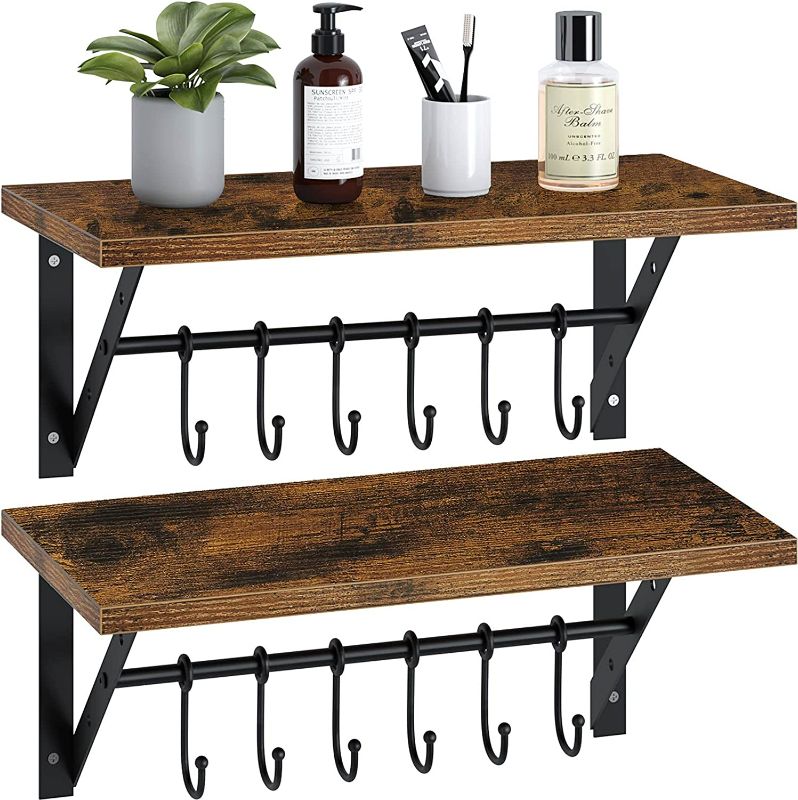 Photo 1 of GREENSTELL Floating Shelves Wall Mounted Set of 2, Wall Shelves with 2 Towel Holders & 12 Hooks, Multifunctional Storage Shelf Rustic Wood Decoration Shelves for Bathroom, Living Room (Brown 15.75in)