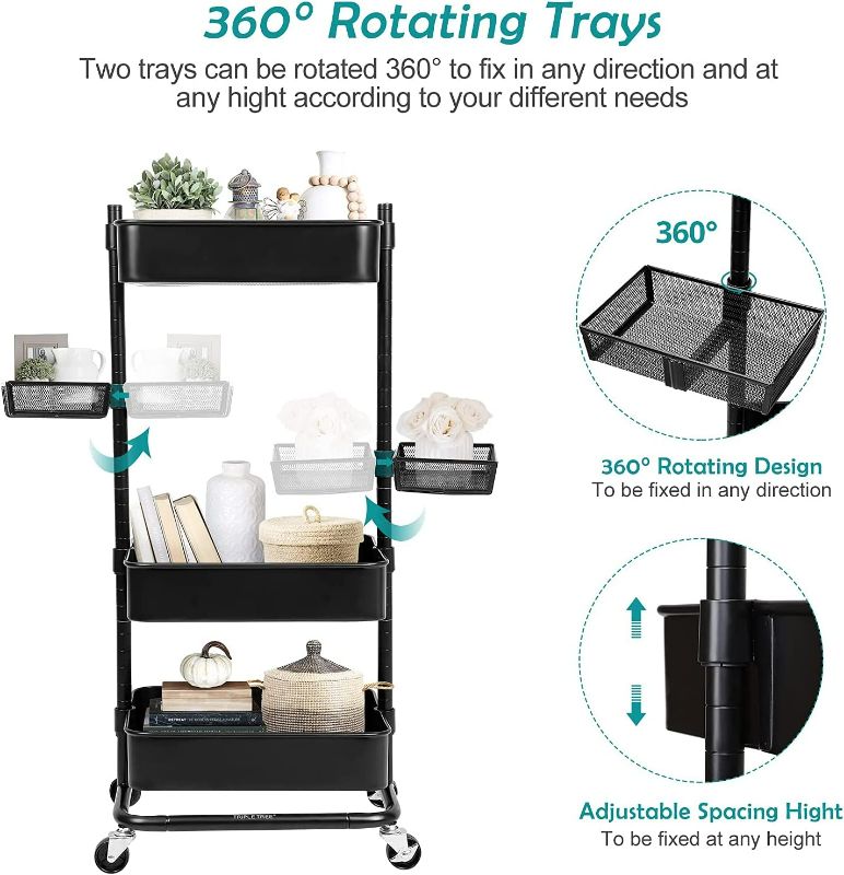 Photo 3 of Anstar 3-Tier Rolling Utility Cart with 2 Rotatable Trays Adjustable Multifunction Storage Cart with Lockable Wheels Easy Assembly Makeup Cart Trolley Cart for Kitchen Bathroom Garage Salon (Black)