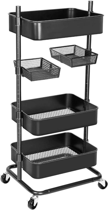 Photo 1 of Anstar 3-Tier Rolling Utility Cart with 2 Rotatable Trays Adjustable Multifunction Storage Cart with Lockable Wheels Easy Assembly Makeup Cart Trolley Cart for Kitchen Bathroom Garage Salon (Black)