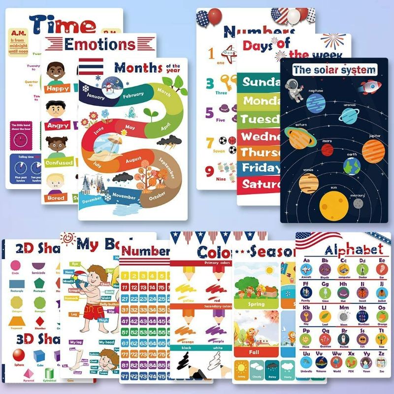 Photo 1 of Educational Preschool Posters for Kids 12Pcs, Toddlers Learning Charts for Homeschool Kindergarten Classroom Decorations, Alphabet Numbers Shapes Laminated Posters with Glue point dots (16.7"X 11.2")