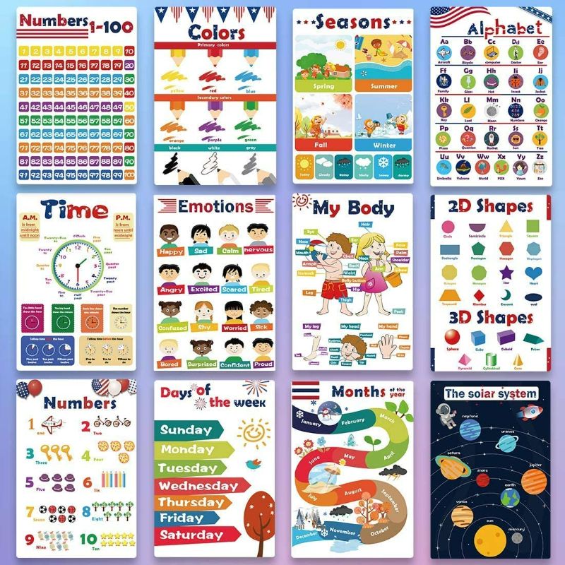 Photo 3 of Educational Preschool Posters for Kids 12Pcs, Toddlers Learning Charts for Homeschool Kindergarten Classroom Decorations, Alphabet Numbers Shapes Laminated Posters with Glue point dots (16.7"X 11.2")