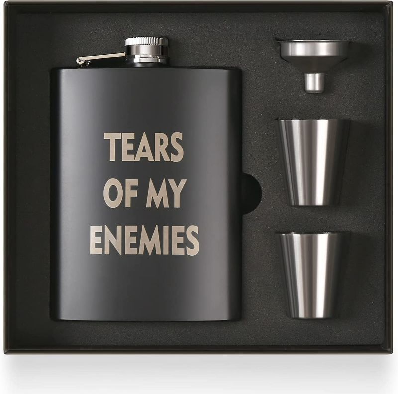 Photo 1 of Funny flask for liquor for men and women, Hip Flask Gift set, Tears of My Enemies, 8 ounce, 304 Stainless Steel with 2 cups and Funnel, Laser Engraved (Tears of My Enemies)