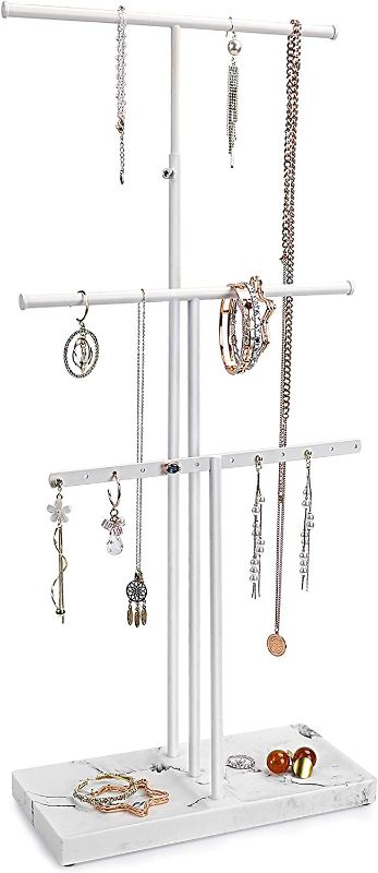 Photo 1 of LKKL Jewelry Organizer Stand with Adjustable Extra Long Tier, 3-Tier Jewelry Holder Stand with Resin Tray, Necklace Holder, Jewelry Tree for Earrings, Long Necklaces, Bracelets and Rings- White