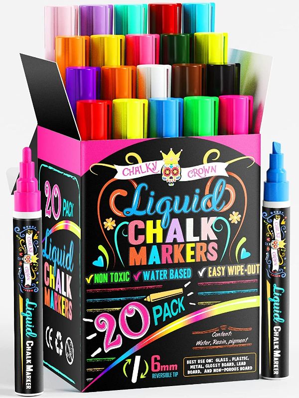 Photo 1 of CHALKY CROWN Neon & Vintage Chalk Markers - Dry Erase Marker Pens - Chalk Markers for Chalkboards, Signs, Windows, Blackboard, Glass - Reversible Tip (20 Pack) - (Multicolored, 6mm)