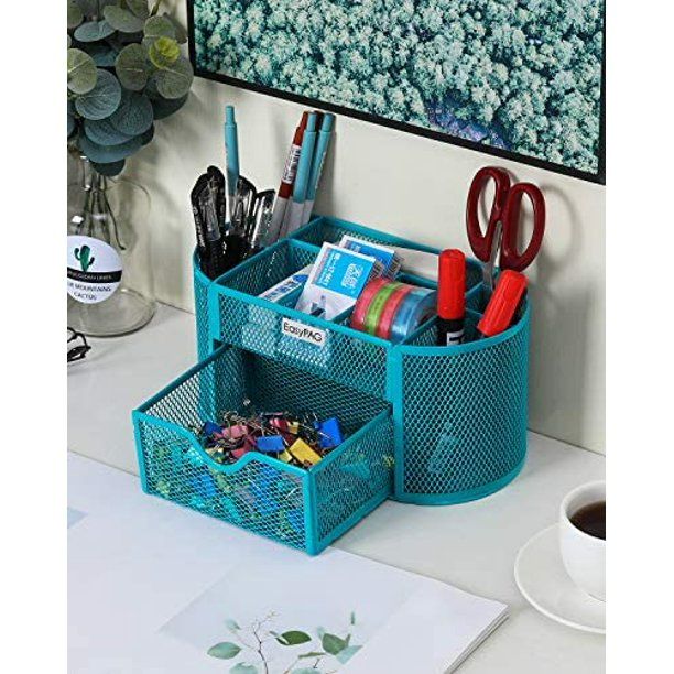 Photo 2 of EasyPAG Desk Organizer Mesh Desktop Office Supplies Multi-functional Caddy Pen Holder Stationery with Drawer, Blue