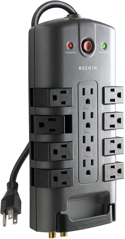 Photo 1 of Belkin Surge Protector w/ 8 Rotating & 4 Standard Outlets - 8ft Sturdy Extension Cord w/ Flat Pivot Plug for Home, Office, Travel, Desktop & Charging Brick - Power Strip 4320 Joules