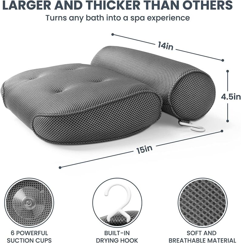 Photo 2 of LuxStep Bath Pillow Bathtub Pillow With 6 Non-Slip Suction Cups,15x14 Inch, Extra Thick and Soft Air Mesh Pillow for Bath - Fits All Bathtub, Grey