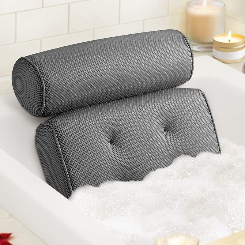 Photo 1 of LuxStep Bath Pillow Bathtub Pillow With 6 Non-Slip Suction Cups,15x14 Inch, Extra Thick and Soft Air Mesh Pillow for Bath - Fits All Bathtub, Grey