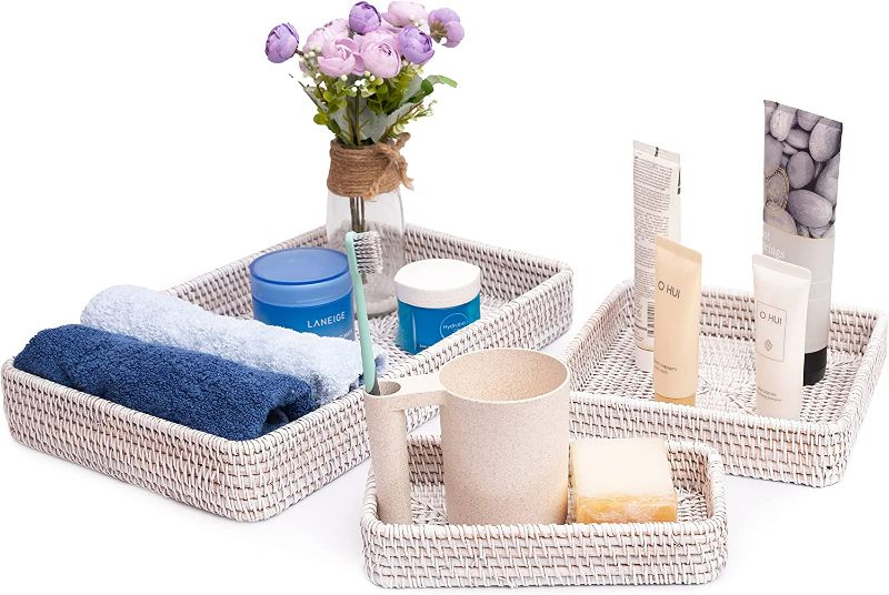 Photo 1 of White Decorative Trays for Coffee Table Woven Tray Rectangle Bowl Wicker Flat Basket Weave Kit Rattan Baskets for Storage for Dishes Fruit Organizer for Kitchen Counter Top Decor (White wash )