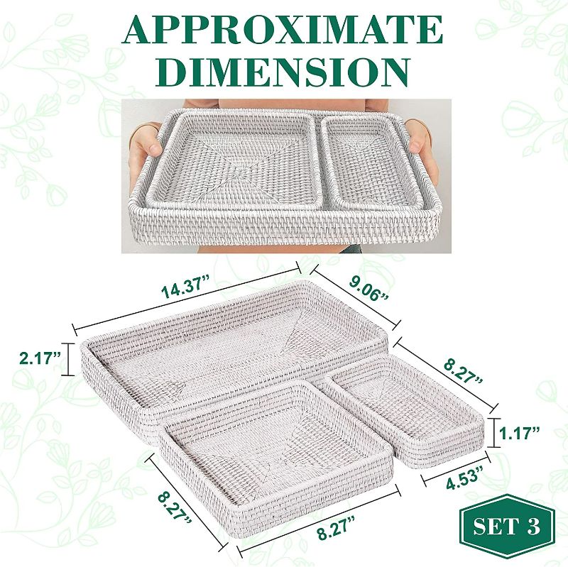 Photo 2 of White Decorative Trays for Coffee Table Woven Tray Rectangle Bowl Wicker Flat Basket Weave Kit Rattan Baskets for Storage for Dishes Fruit Organizer for Kitchen Counter Top Decor (White wash )