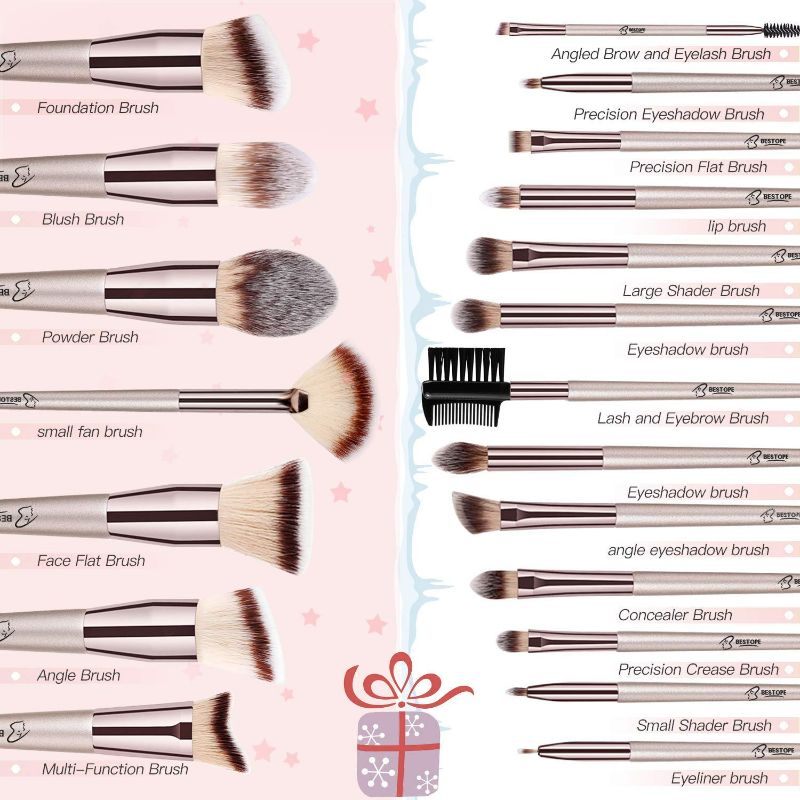 Photo 2 of BESTOPE Makeup Brushes 20 PCs Makeup Brush Set Premium Synthetic Contour Concealers Foundation Powder Eye Shadows Makeup Brushes With Champagne Gold Conical Handle With Box (Gold)