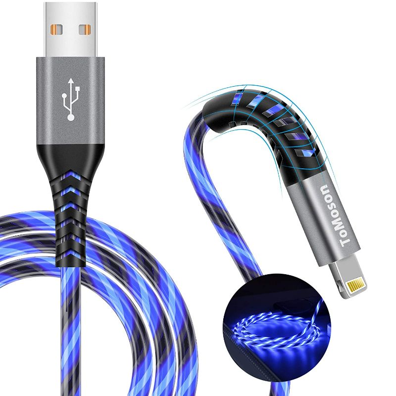 Photo 1 of 6 ft Blue Light up MFI Certified LED USB Charging Cable Lights up for iPhone 12 11 Pro Max XR X SE 8 Plus, iPad iPod and More (Blue, 6ft)