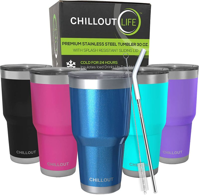 Photo 1 of CHILLOUT LIFE 30 oz Stainless Steel Tumbler with Lid - Double Wall Vacuum Insulated Large Travel Coffee Mug with Splash Proof Lid and Straw for Hot & Cold Drinks - Blue Sparkle Tumbler