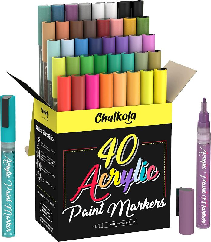 Photo 1 of Chalkola 40 Acrylic Paint Pens Fine Tip for Rock Painting, Canvas, Ceramic, Glass, Fabric, Metal - Acrylic Paint Markers for Wood & Plastic - 40 Metallic, Neon & Pastel Colors for Kids & Adults