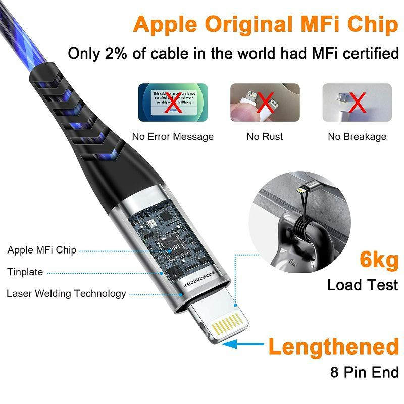Photo 2 of 6 ft Blue Light up MFI Certified LED USB Charging Cable Lights up for iPhone 12 11 Pro Max XR X SE 8 Plus, iPad iPod and More (Blue, 6ft)