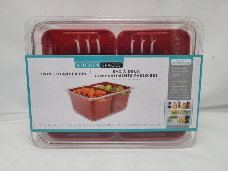 Photo 2 of Kitchen Spaces KSDCB12-AMZ Twin Colander Stackable Food Storage Organizer for Fridge, Freezer, and Pantry, 8.8" x 6.8" x 3.9", Red & Clear Twin Colander Bin