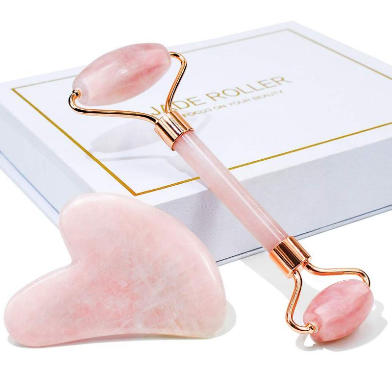 Photo 1 of Jade Roller & Gua Sha, Face Roller, Facial Beauty Roller Skin Care Tools, BAIMEI Rose Quartz Massager for Face, Eyes, Neck, Body Muscle Relaxing and Relieve Fine Lines and Wrinkles
