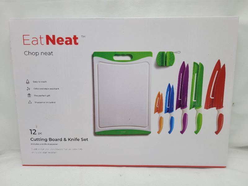 Photo 2 of 12-Piece Colorful Stainless Steel Kitchen Knife Set with Sheaths, Sharpener, and Cutting Board Included