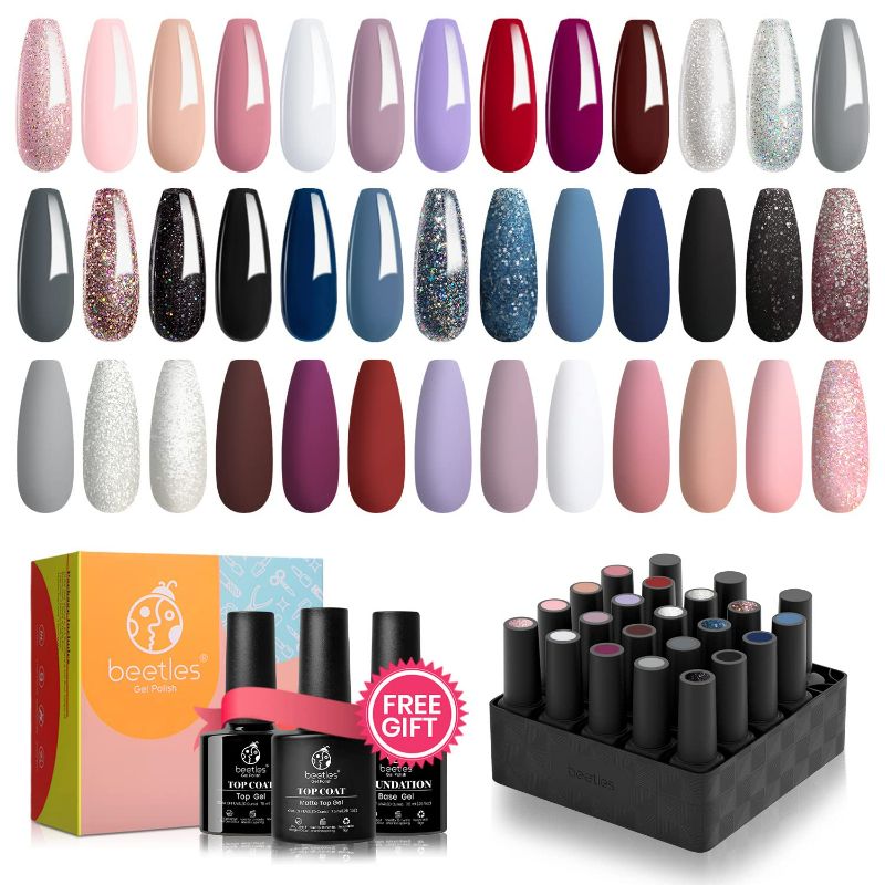 Photo 1 of Beetles 20 Pcs Gel Nail Polish Kit, Modern Muse Collection Soak off Nail Lamp Nude Gray Pink Blue Glitter Gel Polish Starter Kit with Glossy & Matte Top Gel Base Coat Gifts for Women