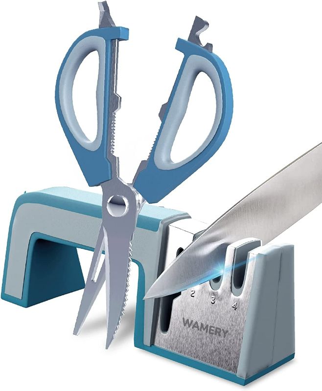Photo 1 of Wamery Knife Sharpener 4-Stage Knife and Scissors Sharpener - Manual Knife Sharpening Scissor Sharpeners Profesional Tool Restore Knives & Shears Quickly with Ergonomic Handle & Anti-Slip Safe Pads