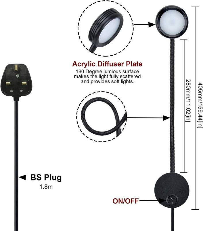 Photo 3 of Bonlux Flexible LED Wall Lamp, 5W Gooseneck Wall Mount Lamp Bedside Reading Light with On/Off Switch US Plug for Books in Bed, Studying, Nightlight, Working Light, Warm White 3000K
