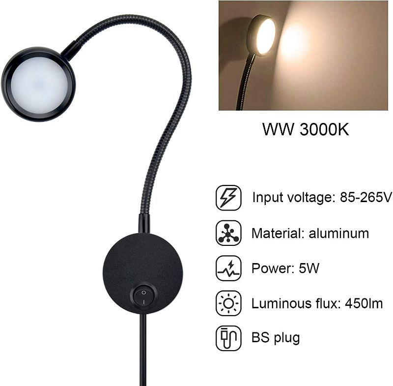 Photo 2 of Bonlux Flexible LED Wall Lamp, 5W Gooseneck Wall Mount Lamp Bedside Reading Light with On/Off Switch US Plug for Books in Bed, Studying, Nightlight, Working Light, Warm White 3000K