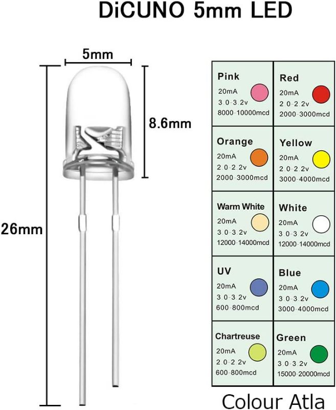 Photo 2 of (2 pack) DiCUNO 100pcs (10 Colors x 10pcs) 5mm Bi-pin Light Emitting Diode Round Clear LED Assorted Kit 10 Light Colors White/Red/Yellow/Green/Blue/Pink/Orange/Warm White/UV/Chartreuse