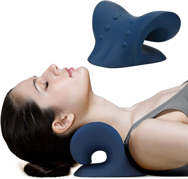 Photo 1 of Neck and Shoulder Relaxer, Cervical Traction Device for TMJ Pain Relief and Cervical Spine Alignment, Chiropractic Pillow, Neck Stretcher (Dark Blue)